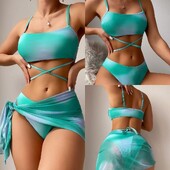 Γυναικείο μαγιό 3 τεμαχίων Gradient Tie Dye Lace Up Bikini ψηλό κόψιμο με φούστα παραλίας