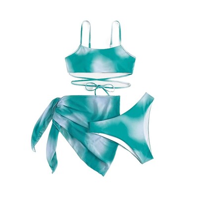 Γυναικείο μαγιό 3 τεμαχίων Gradient Tie Dye Lace Up Bikini ψηλό κόψιμο με φούστα παραλίας