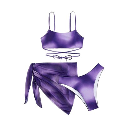 Γυναικείο μαγιό 3 τεμαχίων Gradient Tie Dye Lace Up Bikini ψηλό κόψιμο με φούστα παραλίας
