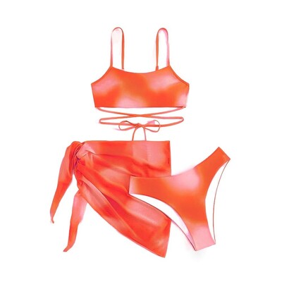 Γυναικείο μαγιό 3 τεμαχίων Gradient Tie Dye Lace Up Bikini ψηλό κόψιμο με φούστα παραλίας