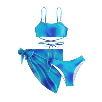 Γυναικείο μαγιό 3 τεμαχίων Gradient Tie Dye Lace Up Bikini ψηλό κόψιμο με φούστα παραλίας