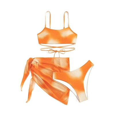 Γυναικείο μαγιό 3 τεμαχίων Gradient Tie Dye Lace Up Bikini ψηλό κόψιμο με φούστα παραλίας