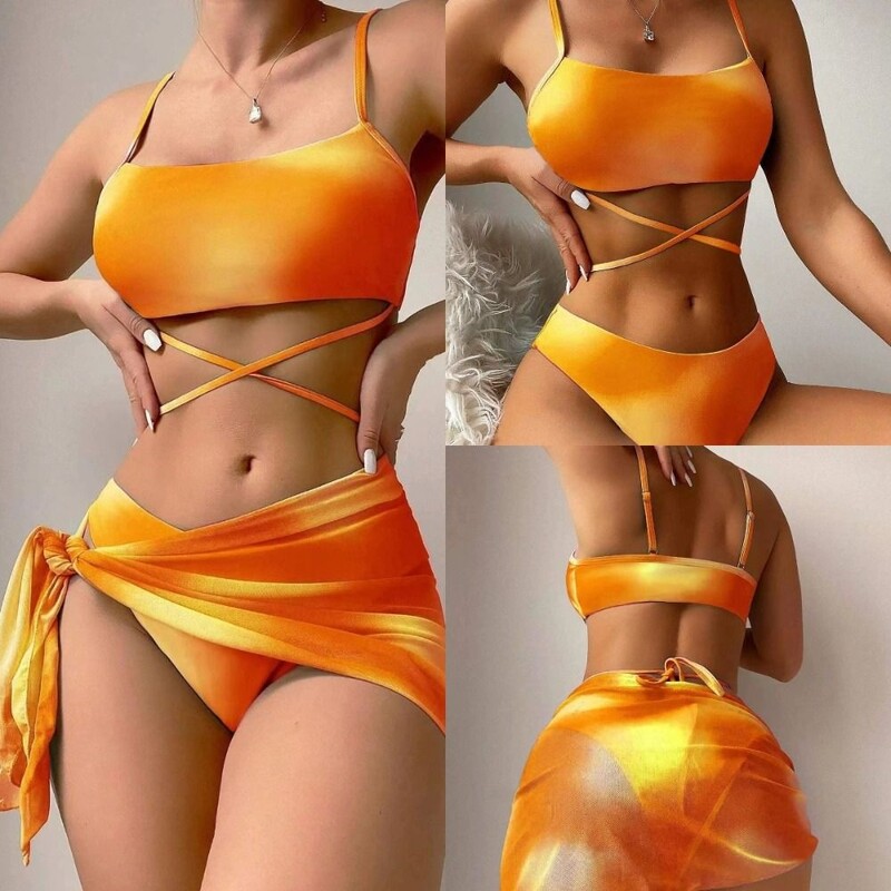 Γυναικείο μαγιό 3 τεμαχίων Gradient Tie Dye Lace Up Bikini ψηλό κόψιμο με φούστα παραλίας