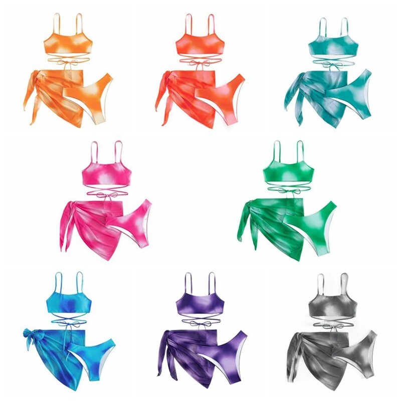 Γυναικείο μαγιό 3 τεμαχίων Gradient Tie Dye Lace Up Bikini ψηλό κόψιμο με φούστα παραλίας