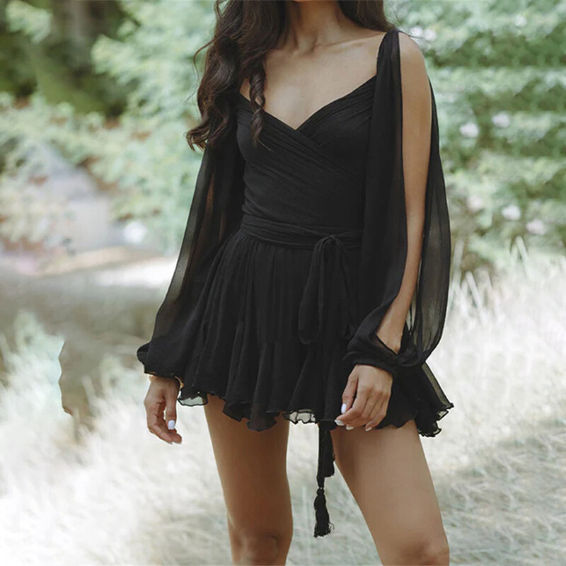 Seksikas roheline plisseeritud minikleit naistele Elegantne V-kaelusega lõhestatud pikkade varrukatega A-kujulised kleidid Suvedaam Solid seljata pitsilised hommikumantlid