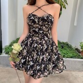 Madinga gėlių raštu tinklinė suknelė Vasaros spagečių dirželiu atostogoms Midi suknelė paplūdimio Vestidos vakarėlio suknelė