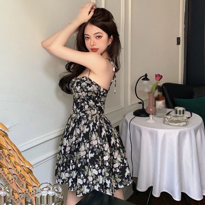 Madinga gėlių raštu tinklinė suknelė Vasaros spagečių dirželiu atostogoms Midi suknelė paplūdimio Vestidos vakarėlio suknelė