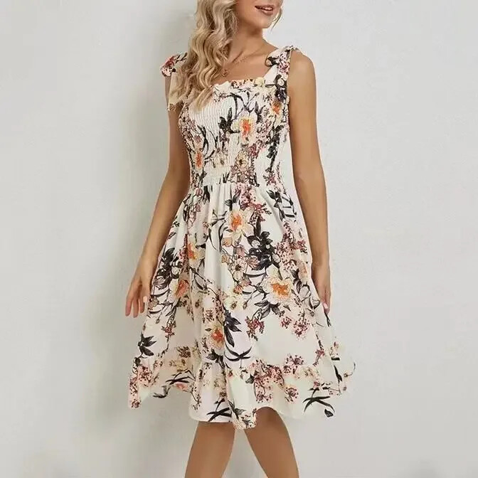Καλοκαιρινό φλοράλ μίντι γυναικείο φόρεμα Καλοκαιρινό σέξι εξώπλατο αμάνικο βολάν φόρεμα παραλίας Casual λεπτή γραμμή Α Νέα Φορέματα 2024