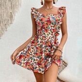 Moteriška Boho Print Mini suknelė Vasarinė elegantiška be rankovių su raukšlėmis linijinė suknelė Laisva paplūdimio vakarėliui saulėta suknele vestidos