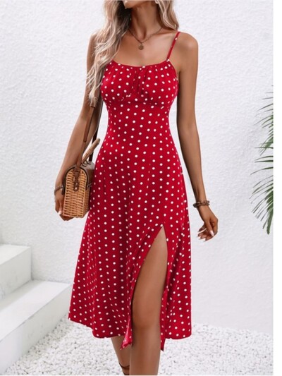 Rochie de vară sexy cu bretele spaghetti 2024 pentru femei, la modă, cu imprimeu cu buline, fără mâneci, rochie cu fantă boho, ocazională, pentru plajă, rochii midi