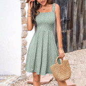 Naiste suvine vabaaja kleit ruudukujulise kaelusega taskutega Armas trükitud varrukateta kõrge vöökohaga A-jooneline rippuv kleit, naiselik kleit