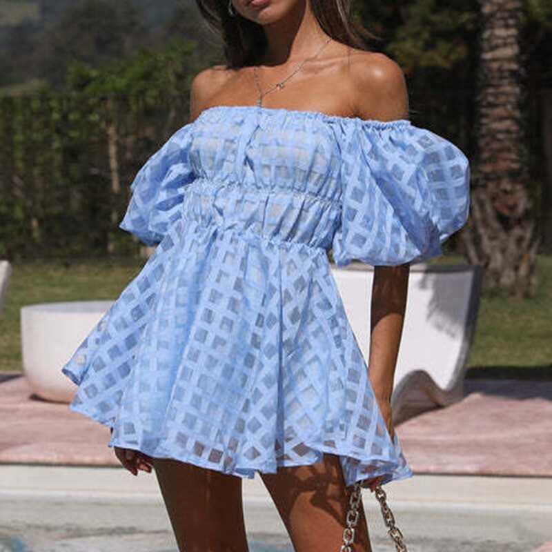 Ljetna haljina za žene 2024., seksi ženska mini haljina s otvorenim ramenima i rukavima s lampionima, ležerna haljina za plažu, modne haljine za odmor