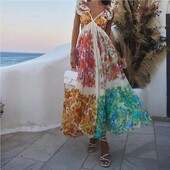 Moteriška Seksuali V kaklo tuščiavidurė paplūdimio suknelė be nugarų Moteriška Madinga skraidančios rankovės su gėlių raštu, giliai aukštu juosmeniu, vintažinės vakarinės suknelės