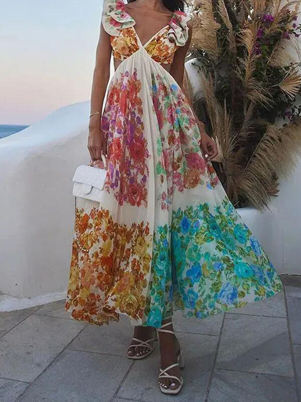 Moteriška Seksuali V kaklo tuščiavidurė paplūdimio suknelė be nugarų Moteriška Madinga skraidančios rankovės su gėlių raštu, giliai aukštu juosmeniu, vintažinės vakarinės suknelės