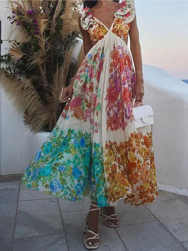 Moteriška Seksuali V kaklo tuščiavidurė paplūdimio suknelė be nugarų Moteriška Madinga skraidančios rankovės su gėlių raštu, giliai aukštu juosmeniu, vintažinės vakarinės suknelės