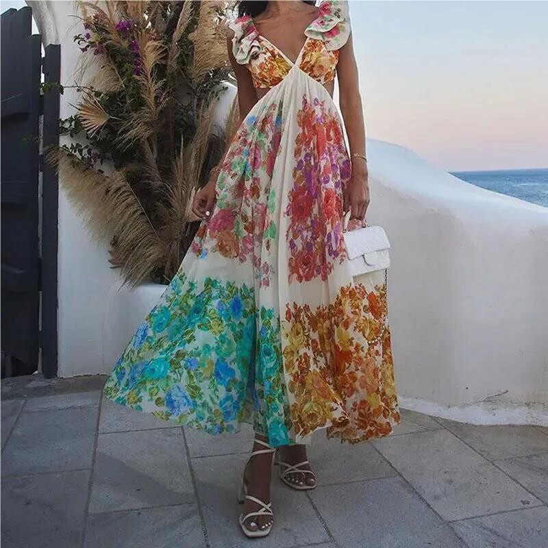 Moteriška Seksuali V kaklo tuščiavidurė paplūdimio suknelė be nugarų Moteriška Madinga skraidančios rankovės su gėlių raštu, giliai aukštu juosmeniu, vintažinės vakarinės suknelės