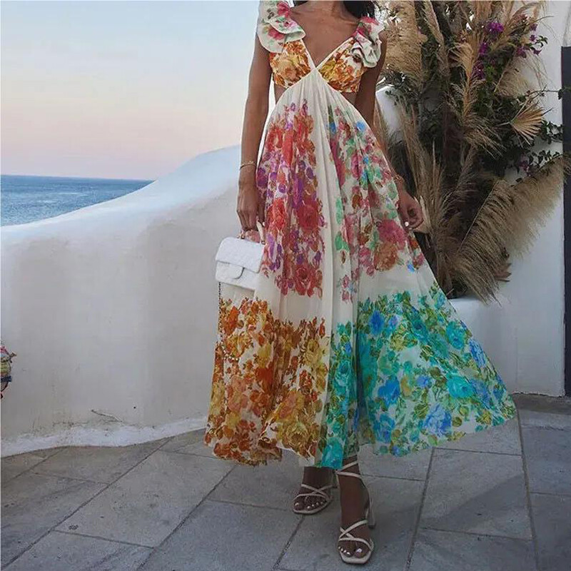 Moteriška Seksuali V kaklo tuščiavidurė paplūdimio suknelė be nugarų Moteriška Madinga skraidančios rankovės su gėlių raštu, giliai aukštu juosmeniu, vintažinės vakarinės suknelės