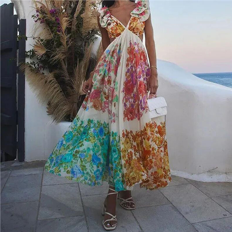Moteriška Seksuali V kaklo tuščiavidurė paplūdimio suknelė be nugarų Moteriška Madinga skraidančios rankovės su gėlių raštu, giliai aukštu juosmeniu, vintažinės vakarinės suknelės