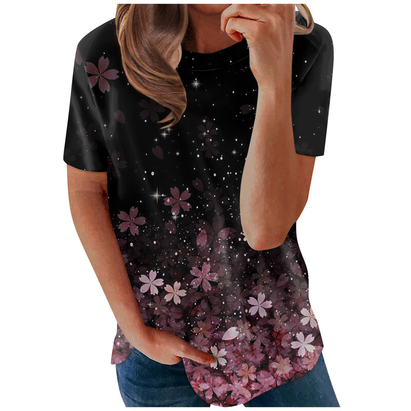 Tricou cu mânecă scurtă pentru femei cu gât rotund și imprimeu cu litere 3D. Haine casual cu imprimeu floral