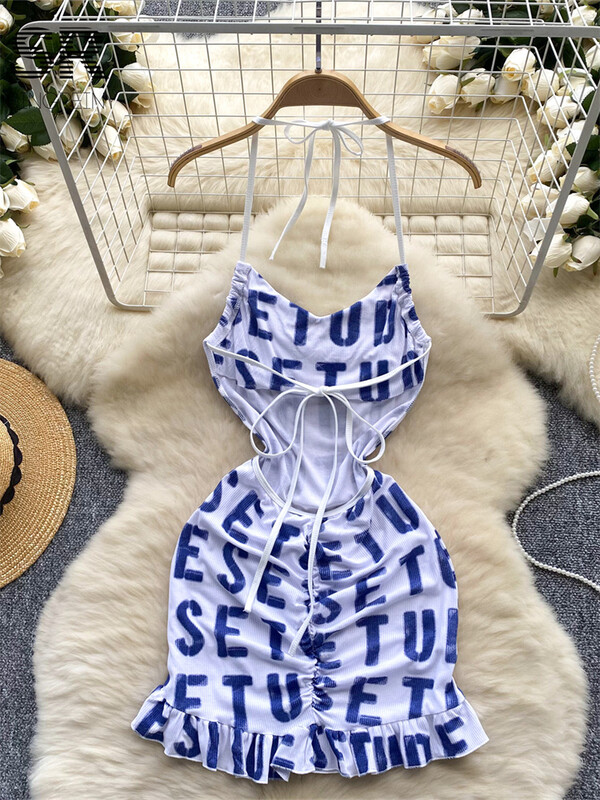 SINGREINY seksikas auklik kleit, naiste päitsetega, nööridega, seljataga naiste suvedisain, kirjatrükiga tänavarõivad õhukese rihmaga kleit
