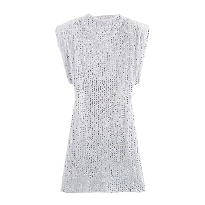 Γυναικείο μαύρο φόρεμα ώμου με μπλοκ ώμου Παγιέτες διακοσμητικό μίνι φούστα Μοντέρνα ιδιοσυγκρασία Νέα κάρτα