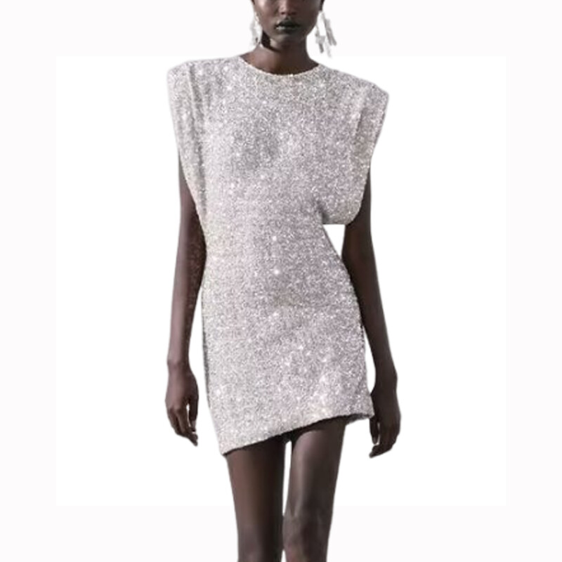 Γυναικείο μαύρο φόρεμα ώμου με μπλοκ ώμου Παγιέτες διακοσμητικό μίνι φούστα Μοντέρνα ιδιοσυγκρασία Νέα κάρτα