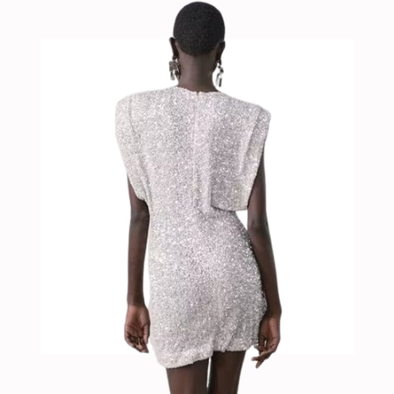 Γυναικείο μαύρο φόρεμα ώμου με μπλοκ ώμου Παγιέτες διακοσμητικό μίνι φούστα Μοντέρνα ιδιοσυγκρασία Νέα κάρτα