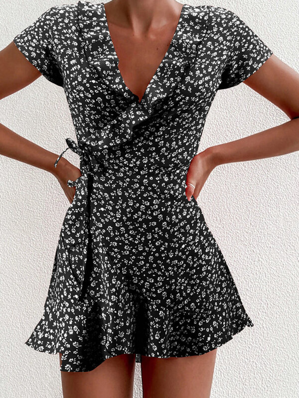 Naiste suvine lilleline A-jooneline kleit Magus ja elegantne lilleline volangidega V-kaelusega sidemega lühike kleit Daamile Chic Flowers Minikleit