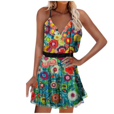 Elegantne suvine naiste kleit vabaaja rannas Boho V-kaelusega trükitud varrukateta volangidega 2023 suures suuruses naiste kleidid Vestidos