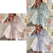 Moteriška laisvalaikio gėlėmis marginta mini suknelė nauja madinga, jauki, ilgomis rankovėmis, aukštu V formos liemeniu, A linijos suknelės paplūdimio atostogoms, mielos vestidos