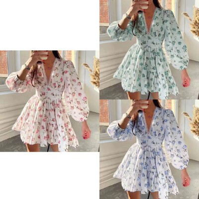 Rochie mini ocazională cu imprimeu floral pentru femei, la modă nouă, confortabilă, cu mânecă lungă, în V adânc, talie înaltă, rochii în linie A, vacanță la plajă, rochii dulci