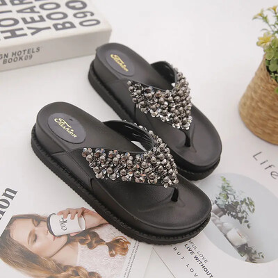 Naiste sussid ja naiste sandaalid, paks kõrgus rannas, avatud varvaste platvorm, plätud, Rhenstone`i kingad väljaspool IW