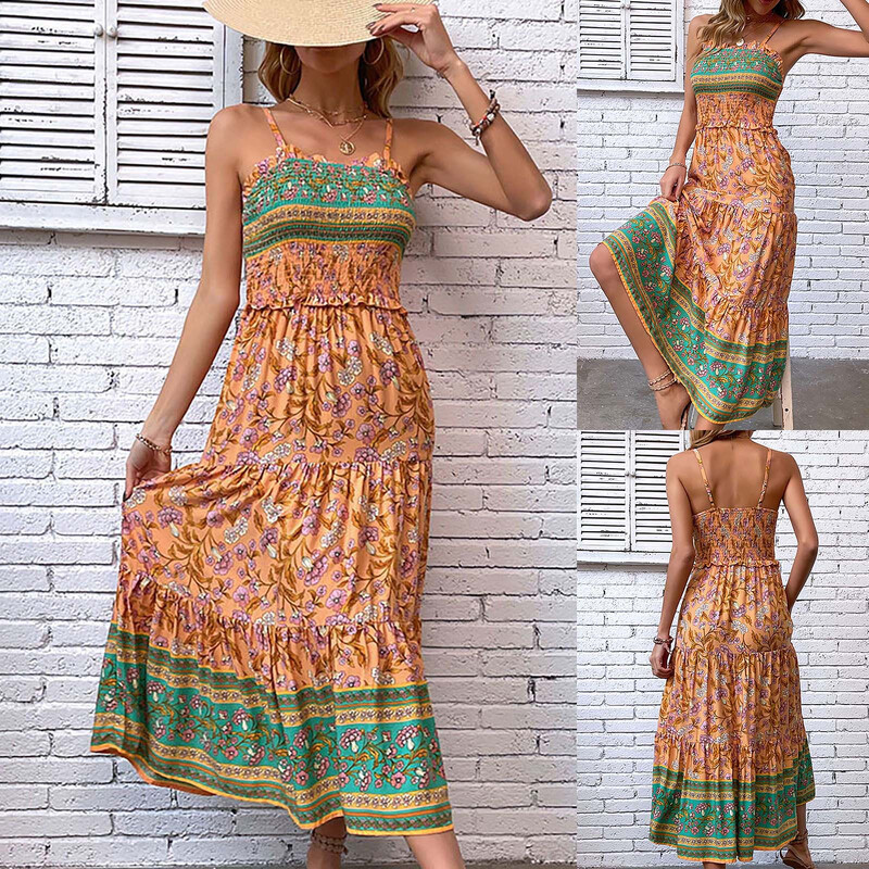 Boho φόρεμα για γυναίκες καλοκαιρινά λουλούδια με στάμπα με λεπτό λουράκι από σωλήνα ώμου Top Sling Loose casual μήκος Φόρεμα με μεγάλο κούνια για γυναίκες