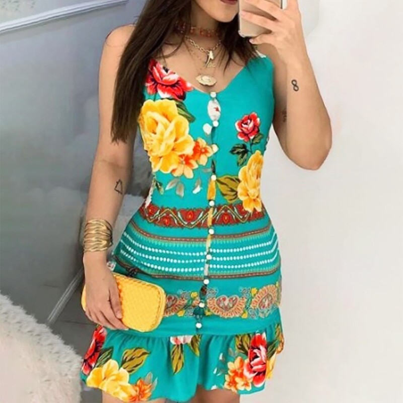 Naistele mõeldud kokteilikleit Naistele Moodne lillemustriga varrukateta V-kaelusega spagetirihmaga kleit naistele