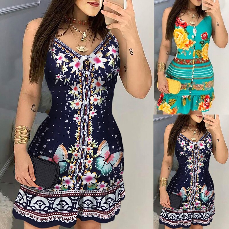 Naistele mõeldud kokteilikleit Naistele Moodne lillemustriga varrukateta V-kaelusega spagetirihmaga kleit naistele