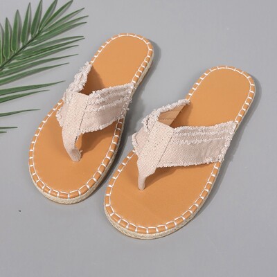 2024. aasta naiste moesussid Mugavad ranna plätud, suvised uued pehme põhjaga vabaaja lamedad kingad, tugevad plüüsist servaga lõuend Naiste liugused