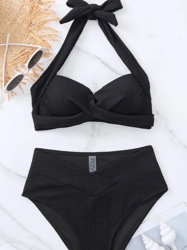 Ljetni dvodijelni seksi bikini set Crni rebrasti kupaći kostim Kupaći kostim Otvorena leđa Bikini Odjeća za plažu Odjeća za odmor Split kupaći kostim