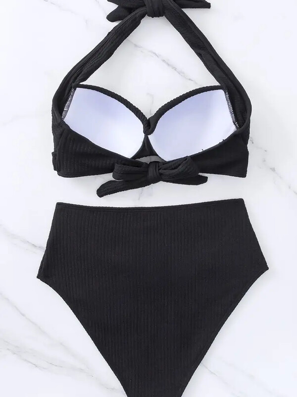 Ljetni dvodijelni seksi bikini set Crni rebrasti kupaći kostim Kupaći kostim Otvorena leđa Bikini Odjeća za plažu Odjeća za odmor Split kupaći kostim