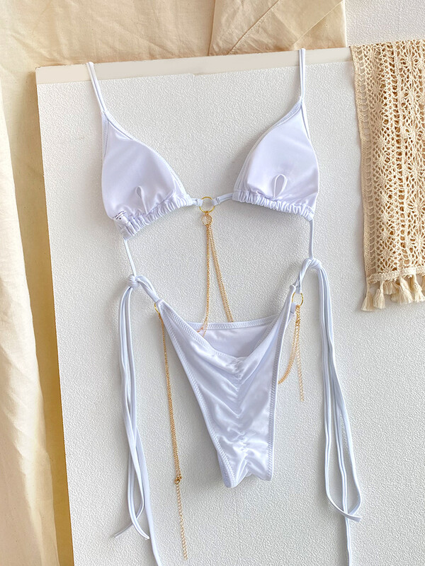 Seksikad bikiinid 2024, ujumiskostüüm, kolmnurkne ujumistrikoo, naiste ujumisriided, sõrmused, valged rannariided, soliidsed bikiinikomplektid, rihmad