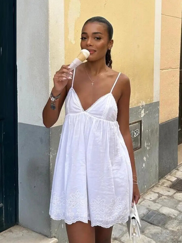 ZABA naiste spagetirihmaga elegantne päitsetega kleit Õrn mereäärne V-kaelusega õlapaelteta pits lühike kleit, reisimine tutvumine pühadekleidid