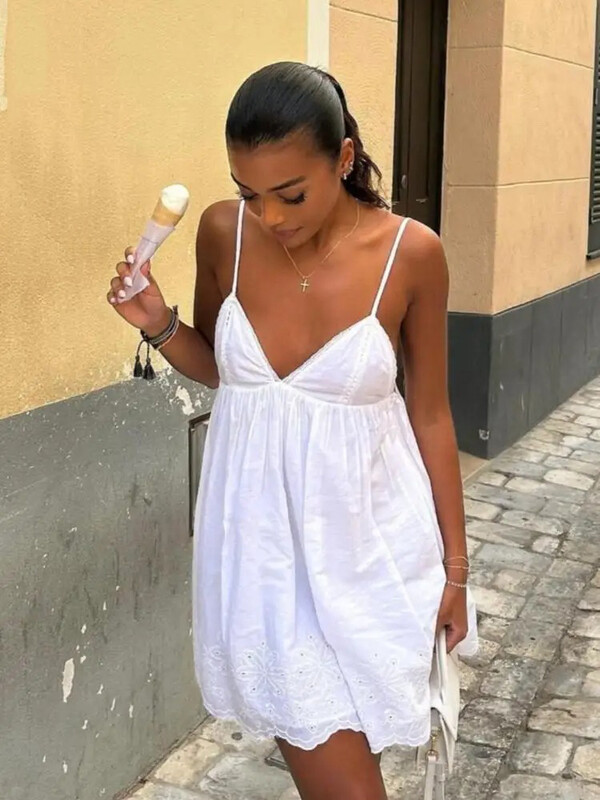 ZABA naiste spagetirihmaga elegantne päitsetega kleit Õrn mereäärne V-kaelusega õlapaelteta pits lühike kleit, reisimine tutvumine pühadekleidid