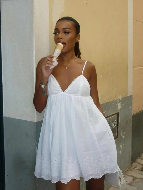 ZABA naiste spagetirihmaga elegantne päitsetega kleit Õrn mereäärne V-kaelusega õlapaelteta pits lühike kleit, reisimine tutvumine pühadekleidid