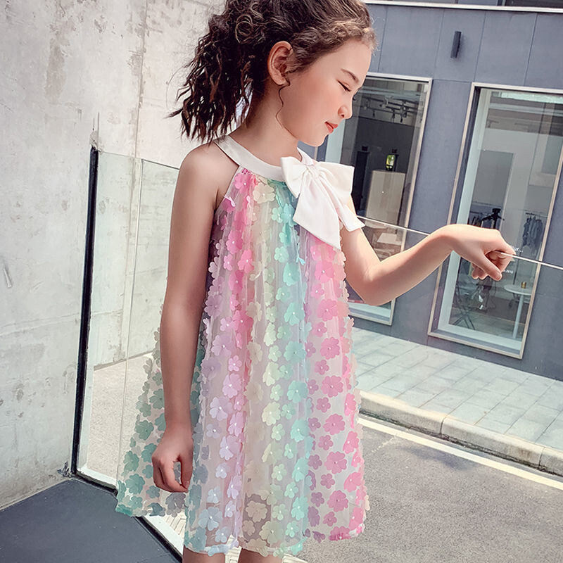 Tüdrukute varrukateta kleit 2024 suvine uut värvi 3D lillega kleidid laste vibu printsessi kleidid