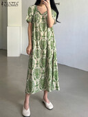 ZANZEA Puff Sleeve Loose Maxi Φόρεμα Vintage Εκτύπωση Καλοκαιρινό Vestidos Γυναικεία Lace Up Robe με λαιμόκοψη Μόδα casual γιορτινά φορέματα