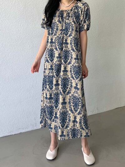 ZANZEA Puff Sleeve Loose Maxi Φόρεμα Vintage Εκτύπωση Καλοκαιρινό Vestidos Γυναικεία Lace Up Robe με λαιμόκοψη Μόδα casual γιορτινά φορέματα