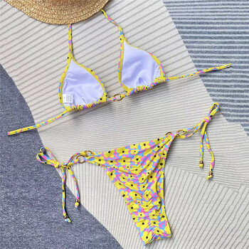 Σέξι κίτρινο φλοράλ στάμπα Push Up Μαγιό Micro Thong Bikini 2024 Γυναικεία String Halter Μαγιό Σετ μπικίνι μπικίνι