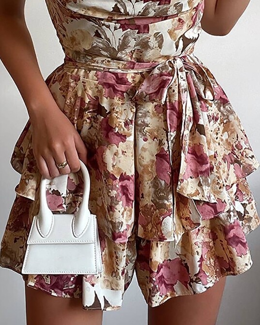 Salopetă scurtă pentru femei 2024 Salopetă de vară, fără mâneci, deasupra genunchiului, cu imprimeu floral, decolteu cu capcană.