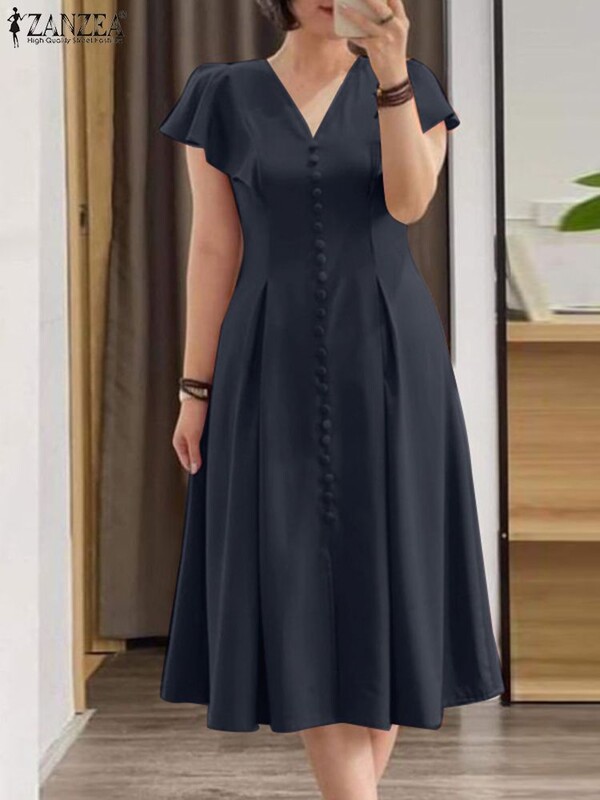 2024 ZANZEA mood naiste kleit suvine lühikeste varrukatega plisseeritud päikesekleit Elegantne V-kaelusega kleit põhjuslik rüü Femme Solid OL Vestido