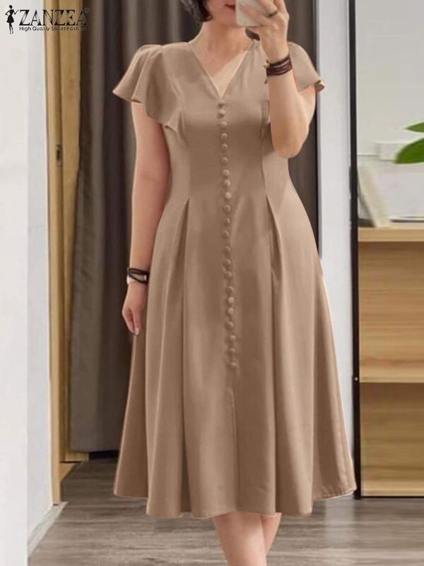 2024 ZANZEA mood naiste kleit suvine lühikeste varrukatega plisseeritud päikesekleit Elegantne V-kaelusega kleit põhjuslik rüü Femme Solid OL Vestido