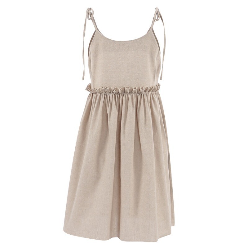 Rochie cu bretele din in, bumbac, primăvară și vară, pentru femei, în stil de plajă, ocazional fals, lejer, moale, cu volane, rochie cu bretele în linie A